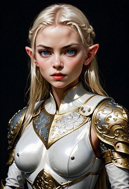 Galadriel martial portrait, in (white enamelled heavy plate armor with gold filegree:1.3), golden hair with silver highlights, sexy, light grey eyes, (pointed ears:1.2),
Portrait by Caravaggio, oil on canvas.
1girl,
Full body with shield and spear. The shield device shows the sigil of the house of finarfin