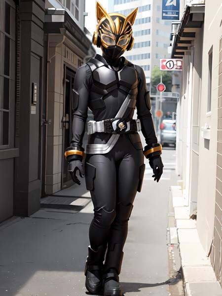 (extremely detailed CG), (best quality), perfect face,  shiny skin, lustrous skin, (extremely detailed CG), (best quality), perfect face, shiny skin, lustrous skin, <lora:NagoEntry-10:0.8> NagoEntry, gloves,rider belt, belt,bodysuit,helmet,cat ears, armor,mask,black gloves,handcuffs,black footwear,boots,,solo,1girl,,standing, powering up, black chest,