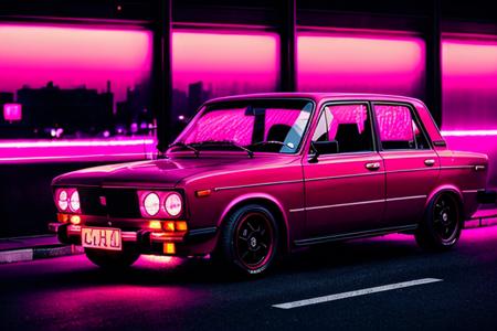 analog style, A black car drifting on the streets of tokyo at night :: pink sunset and city in the background,Luxyry style,Hyperdetailed, Ultra realistic, cinematic, Neon lighting, Unreal engine, RTX, (VAZ2106),  <lora:VAZ2106:0.8>