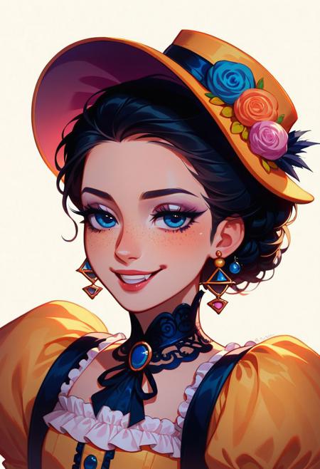 score_9, score_8_up, score_8, volumetric lighting, vibrant colors, victorian pinned up hairstyle, freckles, dimples, black hair, fancy hairstyle, big earrings, 30 years old, puffy lace sleeves, pastel orange-yellow dress, victorian noble dress corset, nobility, puff sleeves, makeup, eyeliner, eyelashes, smug, arrogant,one scar on cheek, upper body portrait, hairpin, upper class attire, striking facial features, hat, dark blue eyes, ((victorian era)), ((tooth gap))