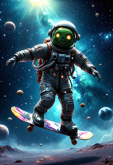 made of cd's, 
photo of multiple astronaut zombie pickles, skate boarding in space, happiness, relaxing, joy, smile, 
space-themed, cosmic, celestial, stars, galaxies, nebulas, planets, science fiction, 
3d-rendering, concept-art, digital, dreaminess, 
eeriness, fantasy, other-worldliness, surreal, 
contemporary, whimsy, moody, 
beautiful, artistic, aesthetic, 
intricate details, highly detailed, ultra-detailed, absurdres, vivid, vibrant, volumetric lighting, 
aid291, midjourneyv6.1,