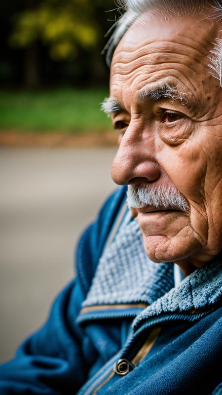old man in old jacket, ragged clothes, sad face, sad expression, sitting on a bench alone in a park, detailed background, highly detailed face, extremely detailed, high quality, best quality, looking at viewer