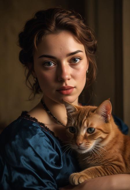 (((masterpiece, perfect Caravaggio's closeup portrait of a very beautiful girl, subtle smiling, with light skin imperfections and some freckles))). She's petting a cute red kitten on her laps. Inside an ancient noble Roman house of 1700 with rich furniture and curtains. Twilight warm and calm atmosphere. Precious blue colored fabrics for her elegant outfit.
Wide angle lens, ((low angle shot)), ((full figure shot)), perfectly detailed scene, extreme realism.
((Carachters illuminated only by warm soft candle light, dark shadows)), artistic framing, low saturation, low contrast, ((soft focus)).