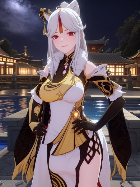 YSningguang, 1girl, solo, red eyes, long hair, hair ornament, looking at viewer, elbow gloves, dress, chinese clothes, white hair,bangs, tassel, hairpin, claw ring, breasts, china dress, parted bangs,sidelocks,hair stick, vision \(genshin impact\), <lora:YSningguang:0.75>,cityscape, night, poolside, cowboy shot,