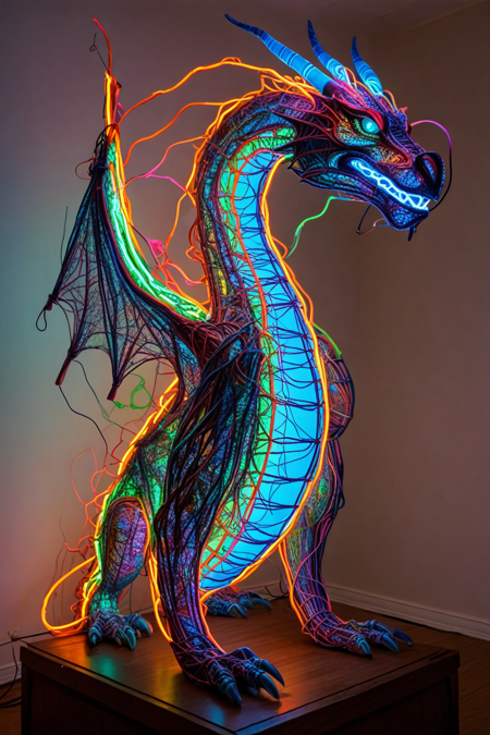 dragon, neon, wires, made of wires, cables, outlined with wires and neon, neon outlines, wire sculpture, neon wire sculpture, end_tripwire_morph, cinematic photography  <lora:Trippy_Morph_Wires__Neon_by_Earth__Dusk:1>
