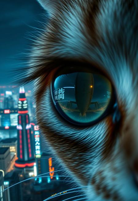 extreme close up portrait of a cat's eye reflecting the a futuristic Tokyo skyline at night from a very high level, the skyline is with futuristic skyscrapers and futuristic transports and futuristic aircraft and spaceships in a variety shapes and sizes, the airships covered with lights and advertisements in Japanese,  reflecting in the cat's eye is a huge airship that has an advertisement with a Japanese cat on the side, the cat's eye has takes up 85% of the image