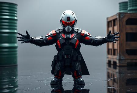 A highly detailed Cyber Soldier figurine, clad in black and red armor with a sharp white helmet and luminous red visor, stands centered, arms dramatically outstretched. Positioned on a reflective acid rain surface, framed by a green barrel and brown crate, creating a dynamic still life composition. Facing viewer. Rendered in octane render, unreal engine 5. Cinematic lighting, impeccable composition, golden ratio, 4k, hyperdetailed, trending on artstation and cgsociety.