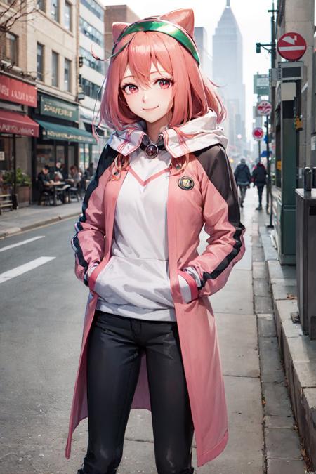 (masterpiece, best quality:1.2), <lyco:hackadoll_2-11:1.0>, cowboy shot, solo, 1girl, hacka doll 2, smile, looking at viewer, hands in pockets, hooded jacket, long skirt, cityscape, sidewalk