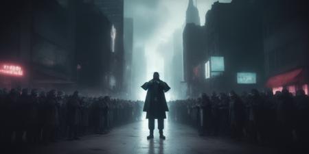 <lora:15MovingMeditations:1>meditation scene: a group of people standing in the middle of a city