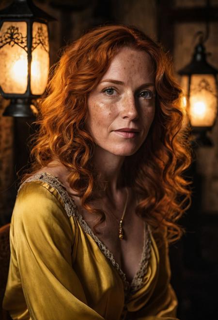 A night time photo of a beautiful woman, (50 years old:1.5), with long curly orange hair and freckles, pleasant smile, wearing a bright yellow satin dress with delicate black lace, jewelry, sitting, skinny, narrow hips, slim petite body, (medium breasts:1.3), sitting inside a cozy medieval cottage, (perfect hands:1.5), (cinematic), (dark, high contrast), (intricately detailed eyes:1.5), (subsurface scattering:0.9) lit by Victorian lanterns, full body view. shallow depth of field, vignette, highly detailed, high budget, bokeh, cinemascope, moody, epic, gorgeous, film grain, grainy, dark shadows, DarkFantasy, photo, cinematic,