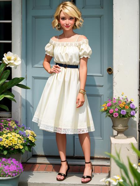 Realistic photo of a beautiful n40m1w-v1 woman,  1girl, solo, smile, short hair, (((blonde hair))), dress, jewelry, flower, bracelet, sandals, realistic, soft lighting, professional Photography, Photorealistic, detailed, RAW, analog, sharp focus, 8k, HD, DSLR, high quality, Fujifilm XT3, film grain, award winning, masterpiece<lora:n40m1w-v1:1.0>