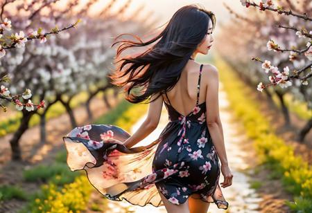 watercolor,  beautiful middle aged Chinese woman walking away from camera, long raven black hair blowing loose in the wind, mini sundress, standing in a cherry orchard in bloom, sunset, full body, full shot, backlight