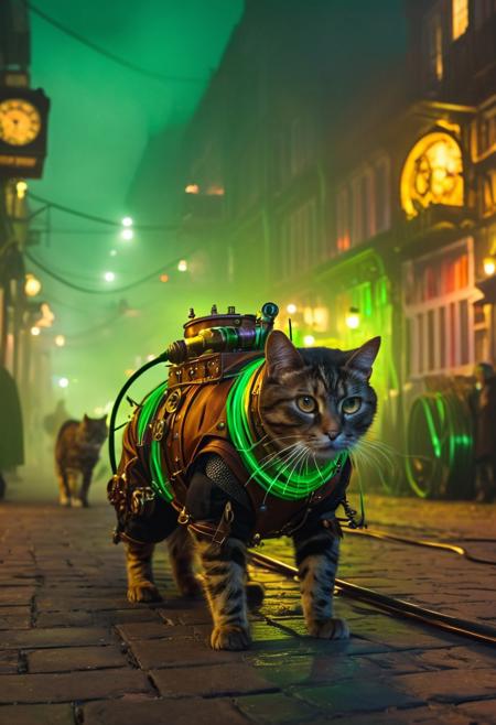 cat on all fours, wearing steampunk colored armor with green tubing in a dark, ill-lit steampunk city, background is foggy, neon lighting, close up shot, at night in the background there are other cats and dogs in steampunk gear while larger people walk around them
