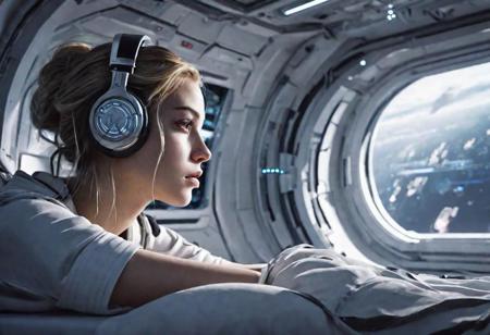 cyborg girl with headphones 18 years old , in a white space combat zone lying on her stomach in bed looking out a huge framed window at the stars of a spaceship, night, close-up, side view, futuristic art, computer graphics, space, Esther Mattioni, space art (futuristic interior of a spaceship: 1.3), (smooth white panels: 1.1), reflective floor (all-round view screen: 1.2), diffused light (neon accents: 1.1), advanced technology, sterile environment, science fiction atmosphere, interstellar travel, Sony A7R IV, 1/50 s, f/2.8, ISO 640, wide-angle perspective, spatial depth, architectural symmetry, minimalist design, (cool tones: 1.1), LED lighting, conceptual art