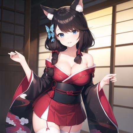 (masterpiece, best quality:1.2),illustration,8k,hd,absurdres,1girl,solo,cowboy shot,fusou (azur lane),animal ears,bangs,bell,black hair,black kimono,blue eyes,butterfly hair ornament,cat ears,cleavage,collarbone,eyebrows visible through hair,hair bow,hair ornament,japanese clothes,jingle bell,large breasts,long hair,low ponytail,obi,ribbon-trimmed clothes,ribbon trim,sash,side ponytail,swept bangs,tassel,white thighhighs,wide sleeves,zettai ryouiki,<lora:Fusou(azur)>,