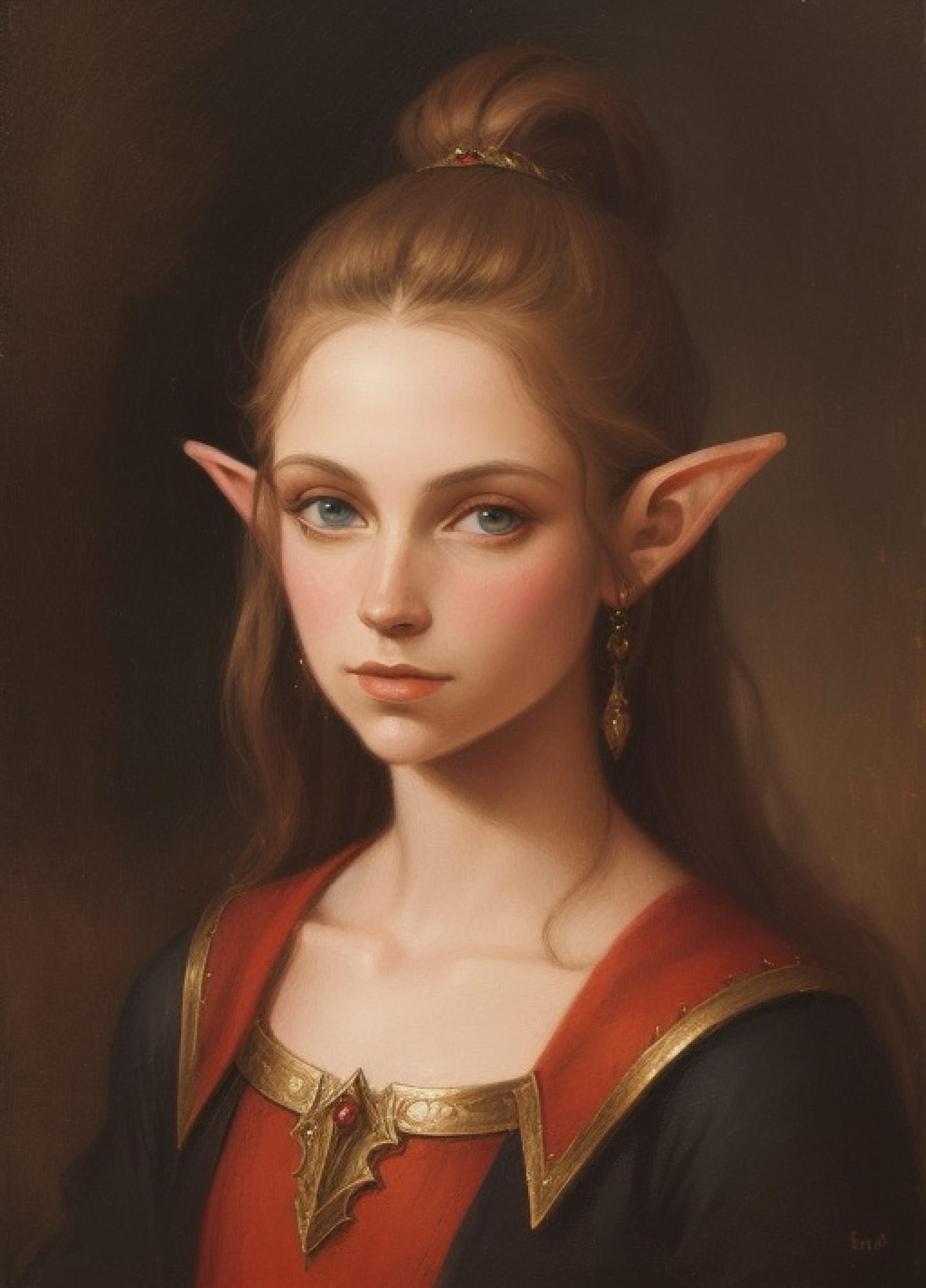 portrait, upper body, oil painting style, oil painting, elf, fantasy
