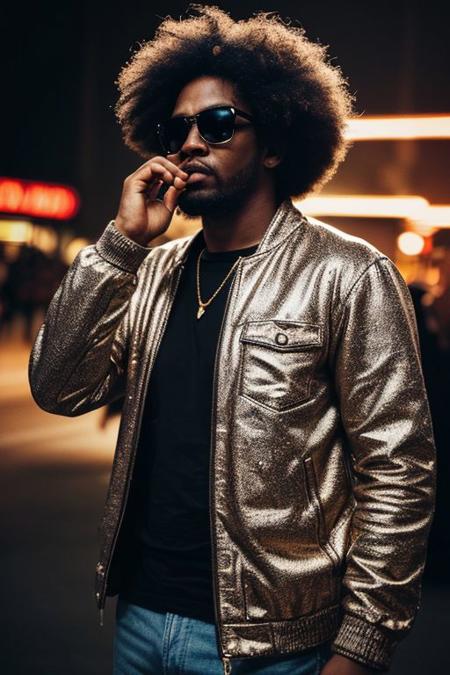 raw photo, upper body, disco, (80s, retro:1.1), dance floor, lasers, rainbow theme, a dancer man, 30 years old, sunglasses, big afro, (manly, wide jaw:1.2), dark skin, sparkly jacket, golden shirt, (vibrant colors:0.9), film grain, bokeh, fashion magazine, hdr, highly detailed photography, (muted colors, cinematic, dim colors, soothing tones:1.2), vibrant, insanely detailed, hyperdetailed, (dark shot:1.2), (vsco:0.3), (intricate details:0.9), (hdr, hyperdetailed:1.2)