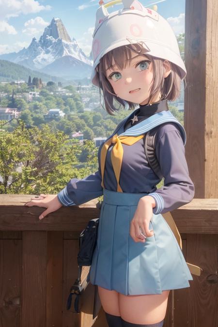 1girl, sorai_saki, halo, helmet, short hair, school uniform, sailor collar, serefuku, yellow neckerchief, blue skirt, (mountain:1.3) <lora:sorai_saki:0.7>