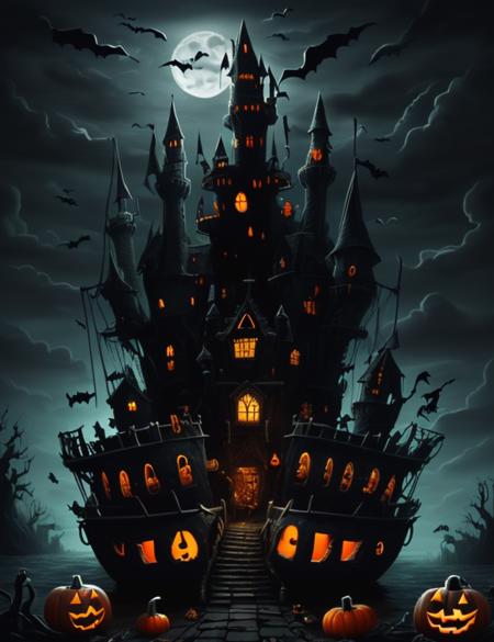 h4l0w3n5l0w5tyl3DonMD4rk detailed Ghostly Shipwreck, Supernatural, Black Cats, Jack-o'-Lanterns, Moonlit Castle, Halloween Folk Art  <lora:h4l0w3n5l0w5tyl3DonMD4rk_v1.1-000008:0.85>