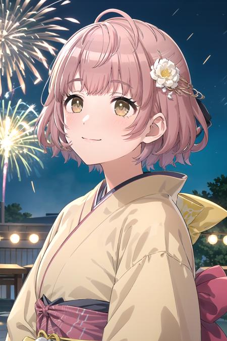 h_ikuta, 1girl, short hair, pink hair, brown hair, yellow eyes, blush, smile, virtual youtuber, night, outdoor, looking up, indoor, closed mouth, bangs, blush, upper body, japanese clothes, kimono, obi, short sidetail, hair ornament, flower ornament, aerial fireworks, fireworks <lora:h_ikuta:1>