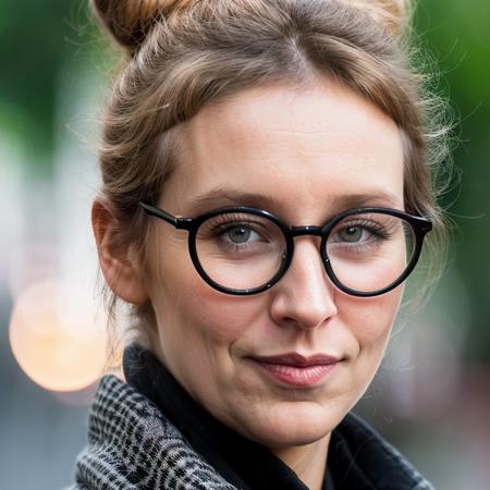 Alice_Weidel, 44 years old woman,widescreen, blue eyes, wears round glasses, ((wears a bun)), ((looks to cam)), (detailed eyes:1.3), ((detailed face: 1.2)),long blond hair, (detailed hair:1.4), wears a dark blue Blazer , , hyper detailed, soft lighting, strong backlight, beautiful lighting, hyperreal, front shot, ( 4k, cinematic,  zoom out, intricate detail, finely detailed, hyper detailed, insane details, centered, epic composition, smooth, extremely realistic, cinematic, attractive beautiful, hyperrealistic, RAW photo, subject, 8k uhd, dslr, soft lighting, high quality, film grain, Fujifilm XT3 <lora:add_detail:0.1>