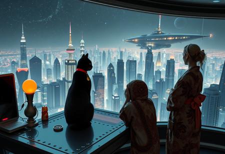 A sleek black cat with red collar and a gold bell sits on a cluttered metal riveted desk with transparent top and rgb led computer components visible inside, On the desk are a maneki neko statue and a lava lamp, the Black Cat is looking out of a seamless and futuristic floor to ceiling window that looks out at thousands of enormous wide and tall futuristic skyscrapers from a large window in a descending spaceship, a beautiful woman, 24 years old, is standing next to the cat looking out at the enormous city at night, filled with buildings of many shapes and sizes, some over a mile tall))), the woman is dressed in an ornate Japanese style bath robe. An enormous deco starship with futuristic lighting and design is visible high above the city, and a space station is visible in the background among the stars, The woman's hair is messy from just waking up and tied up with a ribbon. Artistic cyberpunk, dynamic perspective, The focus is on the black cat and woman standing together looking out the window at the view together, (((overall architectural aesthetic is Art Deco Cyberpunk))).  (((A large futuristic building shaped like a torii gate stands among the enormous tokyo structures,)))