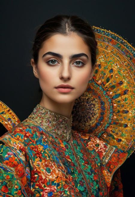 Persian color palette , Persian art, Persian girl, Persian, Iranian, Iran,WEARING DARK, SHINY GLASSES, BLACK BACKGROUND, folk costumes (Lina Cavalieri: 1,2) (8k, RAW photo, highest quality), hyperrealistic, intricate abstract, intricate artwork, abstract style, otherworldly, mesmerizing parallel dimension, gravity defies logic, abstract masterpiece, interplay of floating objects, distorted silhouettes, vivid hues, ethereal light, weightlessness in an unknown realm, non-representational, colors and shapes, expression of feelings, imaginative, highly detailed, extremely high-resolution details, photographic, realism pushed to extreme, fine texture, 4k, ultra-detailed, high quality, high contrasthanfu,clear face, Ultra High Resolution, wallpaper, 8K,Rich texture details, hyper detailed, detailed eyes, detailed background, dramatic angle, epic composition, SimplepositiveXLv1 (masterpiece, high quality, ), , , model photoshoot, , a stylish girl, (by Andreas Gursky:1,3)