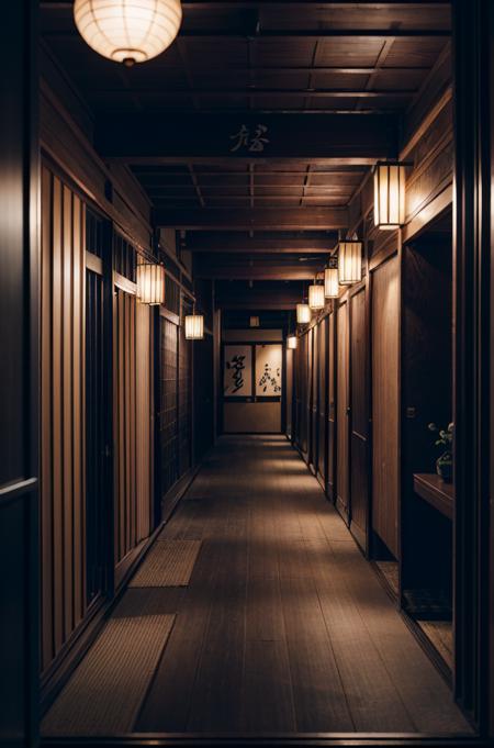 japaninterior, hallway, candle, night, dim light, ornament, mirror, ornate, detail, traditional, ceramic, painting, japan calligraphy, garden, wooden floor <lora:ARWJapanInterior:1>