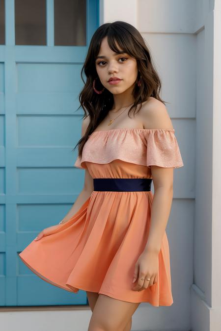 jenna_ortega_v4 wearing off shoulder dress, long hair, bangs, lipstick, pink makeup, skinny,
orange off shoulder dress,
medium shot, upper body shot, portrait, solid color background, soft lighting, close up,
<lora:Jenna_Ortega_V4:0.6>, <lora:breastsizeslideroffset:-0.5>