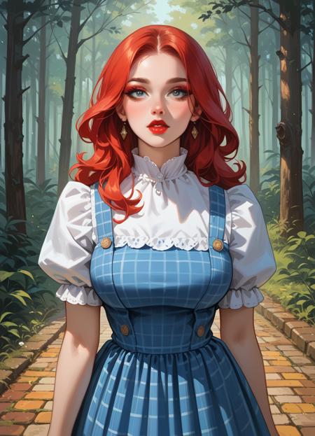 hud_drthy_drss, blue dress, pinafore dress, short puffy sleeves, plaid red high heels white socks