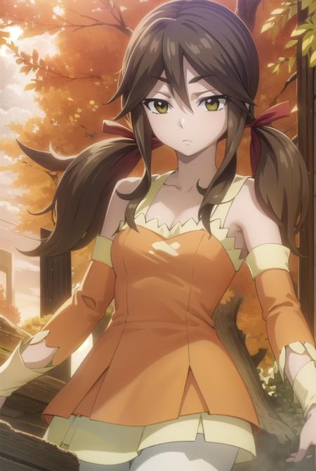 zera, long hair, brown hair, twintails, (green eyes:1.5), low twintails, dress, ribbon, bare shoulders, pantyhose, boots, detached sleeves, black pantyhose, brown footwear, knee boots, orange dress,