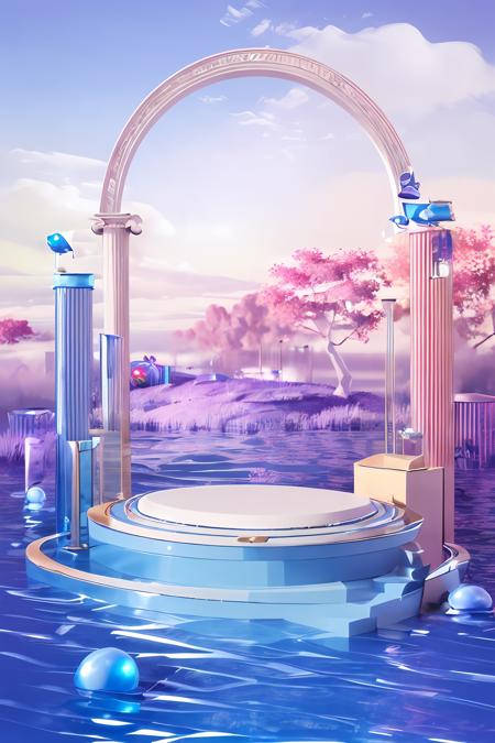 (masterpiece, top quality, best quality, official art, beautiful and aesthetic:1.2),(8k, best quality, masterpiece:1.2), <lora:CGgame buildingC D osw:1>,CGgame buildingC4D nsw, no humans, pillar, scenery, fog, sky, cloud, column, outdoors, flower, pink sky, landscape, arch, C4D, Pattern stone carving, stage, 3d render