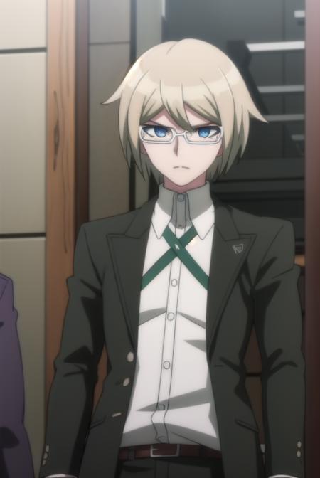 byakuyatogami, <lora:byakuya togami s1-lora-nochekaiser:1>,
byakuya togami, short hair, bangs, blue eyes, blonde hair, male focus, glasses, semi-rimless eyewear,
BREAK shirt, long sleeves, jacket, white shirt, open clothes, glasses, collared shirt, belt, pants, open jacket, black jacket, dress shirt, black pants, black belt, shirt tucked in, brown belt,
BREAK outdoors, classroom,
BREAK looking at viewer, (cowboy shot:1.5),
BREAK <lyco:GoodHands-beta2:1>, (masterpiece:1.2), best quality, high resolution, unity 8k wallpaper, (illustration:0.8), (beautiful detailed eyes:1.6), extremely detailed face, perfect lighting, extremely detailed CG, (perfect hands, perfect anatomy),