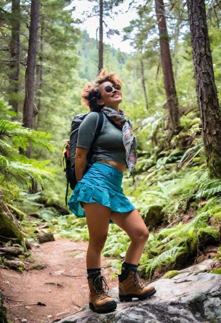 Amateur photo of a busty woman, spontaneous capture, outdoor adventure, majestic mountains. rugged backpack, wearing mini skirt,  sturdy hiking boots, a bandana around her neck, a pair of sunglasses resting on her hat, hair styled in a messy hairstyle, air of natural confidence, playful breeze, tousling her hair and rustling leaves of surrounding trees, towering pine trees in background, crystal-clear waters cascading over rocks, azure sky, sunlight filtering through the canopy, casting dynamic shadows, illuminating vibrant wildflowers, lush ferns along the trail.