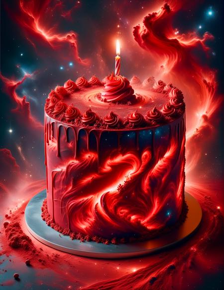 <lora:SDXLRagingNebula:1>ragingnebula, high quality dynamic shot of a magical space FAE red birthday cake, from above, food photography, 8k, extremely detailed, macro shot