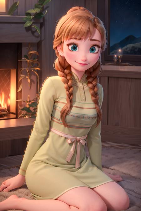 (masterpiece:1.4), (best qualit:1.4), (high resolution:1.4), anna of arendelle, smile,;D,green nightgown, sitting on floor, chimney, night,<lora:anna_of_arendelle_v2:1> looking at viewer,