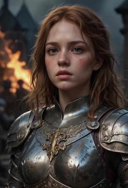 High resolution ultra-realistic of Beautiful Warrior Joan of Arc, 8k, capturing the intensity of the moment, cinematic lighting, standing on a bloody and stormy battlefield in bloody battle, wavy black hair, realistic dirty pale face, realistic brown eyes,  beautiful hourglass figure, burning in a medieval Town, intricately designed iron and silver armor, Dark Ages Aesthetic, perfect athletic figure, beautiful Sadie Sink as  Warrior Joan of Arc, fire, ultra realistic, cinematic style, vigorous and seductive, athletic figure, dark fantasy, dramatic lighting, wet and sweaty skin, dirty skin, athletic figure, dark fantasy, dramatic lighting, Greg Rutkowski style,, Warrior Joan of Arc on in iron armor, hyper-detailed, hyper-realistic, bright colours, Attractive 21 old years girl, Attractive, beautiful firm Breasts, sharp focus, digital painting, Photograph Taken on Nikon D750, Alphonse Mucha, 8K, athletic figure, Hyperdetailed, hyperrealism, Attractive, Attractive bust girl, asymmetric balance