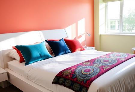 A stylish bed with sleek, contemporary design, adorned with colorful throw pillows and a vibrant patterned blanket in a modern bedroom with brightly painted walls. The fills the frame of the image. Next to the bed is a modern nightstand with a minimalist lamp. The space is flooded with natural light.