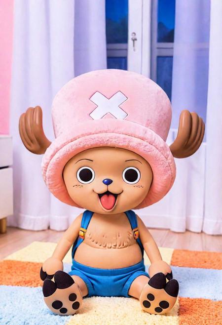 (Ultrarealist Animal:1.5) (Tony Tony Chopper:1.5) (Cute:1.3)In a bright child's room he is sitting on the floor, with some toys, he is very sweet, he is small, innocent and super cute, rays of light illuminate the little one coming from a window with white curtains, the room has a colorful bed a white and blue closet, there is a stuffed animal of the Karoo duck from One Piece next to it, as well as a lot of toys on the floor,8k,((( realistic hair))), ultradetailed background, beautiful photography, (soft fur:1.3), adorable, whimsical, affectionate, cuddling, (((soft fur))), tiny paws, expressive eyes, sunset glow,