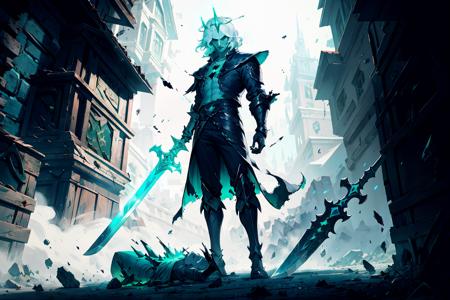 King Viego, pale skin, green crown, king, wraith, masterpiece, absurdres, white hair, full body, standing on corpses, sword, black mist, broken, broken hero, <lora:Viego_v1-12:0.7>