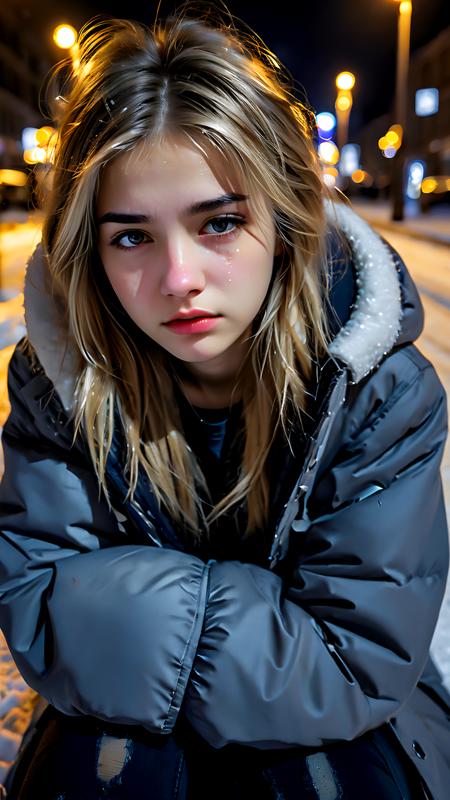 young woman, pretty face, sitting on the street, winter, snow, street lights, sad look, tears in her eyes, dark night, smeared makeup, dirty clothes, layered cut hair style, medium blonde hairs, looking at another, from above, absurdres, masterpiece, 8k, high detail, intricate, best quality, <lora:crying style:0.87>