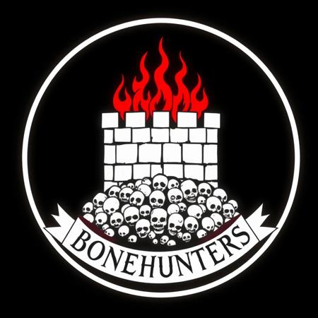 A sigil that consists of a simple wall with  crimson flames over its parapet and a pile of skulls beneath it, the image pretty much fills up the white circular frame of the sigil. The circular frame consist of merely a thin, pale white circle and no embellishments whatsoever. The bottom section of the circular frame is inscribed in a banner-like eerie script with the word: BONEHUNTERS
,,black background, eerie glow, minimalistic