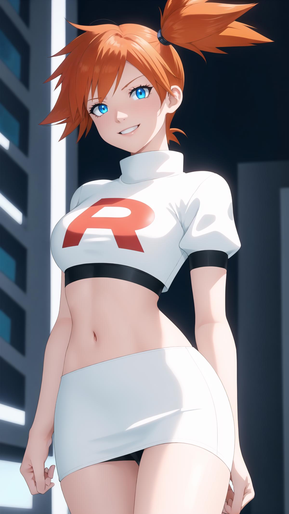Anime-style female character wearing a white and red shirt.