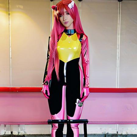 Fluttershy, pink hair, long hair, yellow skin, narrow waist, medium breasts, wide hips, long legs, taller girl, tight latex plugsuit, plugsuit, creases, hi resolution, hires, high quality, stretch marks, big butt, micro waist, stretch lines, platform heels, platform, detailed face, Asuka cosplay costume,