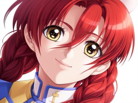 Makino_Rie, 1girl, solo, red_hair,  braid,  long_hair, yellow_eyes,  twin_braids, 