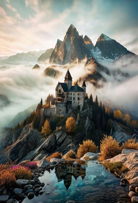 their peaks veiled in mist. mixed media, surrealism, great lighting, A surreal landscape highly detailed . extremely high-resolution details,  appears trapped in an optical illusion of reflections and refractions colorful , professional photography, natural lighting, GhostlyStyle, volumetric lighting maximalist. intricately detailed, complex, elegant, expansive, fantastical, film photography style,  medium grain, lthndrtrl