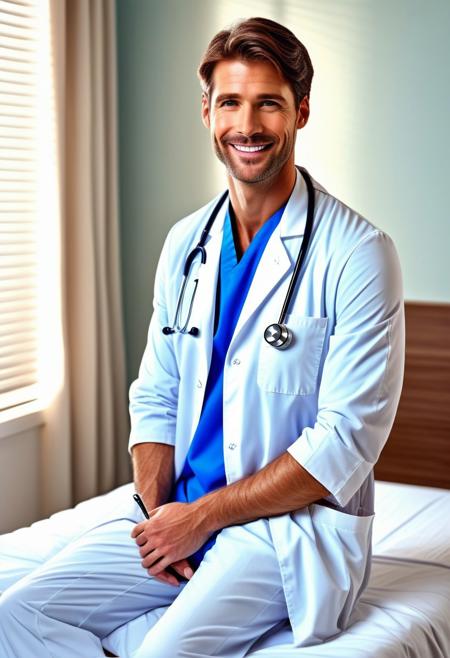 (full-body:1.10), A realistic hot man doctor, stethoscope, whote doctor lab coat, doctor's clothes, wide smile, thoughtful, brown hair, boyfriend taking care of you in the hospital bed