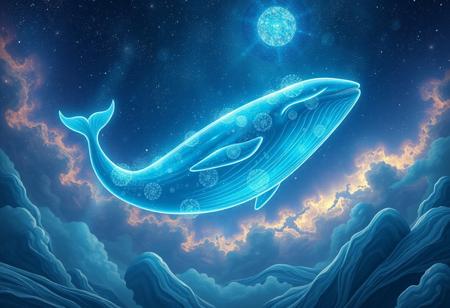 The magical world, the light blue illusory whale, whose specific appearance cannot be seen clearly, soars in the starry sky, with rich details in the background,