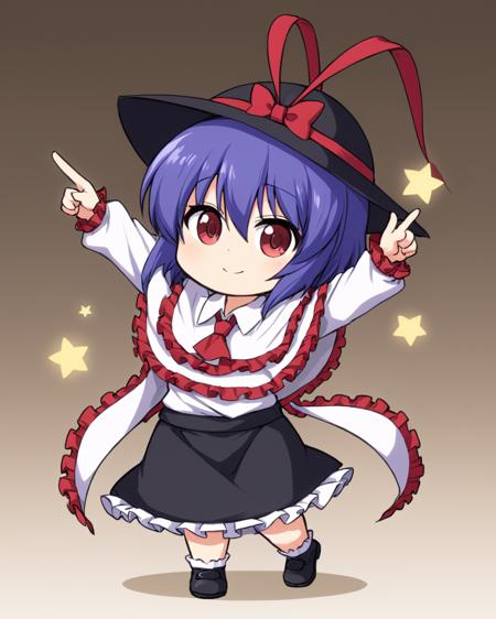 nagae iku,1girl, solo, hat, shawl, arm_up, frills, hand_on_hip, ribbon, smile, pointing_up, outstretched_arm, index_finger_raised, chibi, bow
<lora:nagae_iku_image6214_2023-12-20-000005:1>,star-shaped_pupils,symbol-shaped_pupils,. gorgeous,key visual, vibrant, studio anime,award-winning, professional, highly detailed,high budget, cinemascope