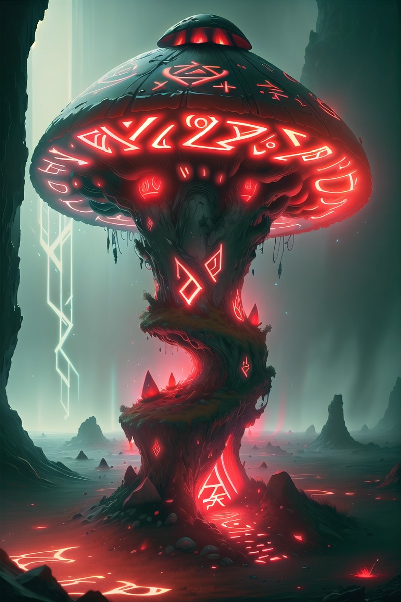 An award-winning digital image of a GlowingRunes_red giant mushroom, colorful, (masterwork:1.2), (dynamic lighting:1.1), i...